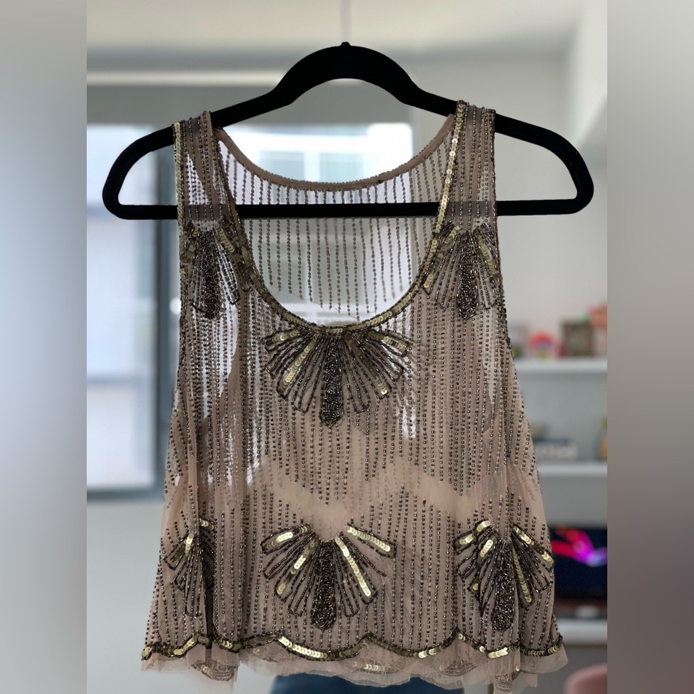 Boutique Beige Transparent Sleeveless Top with Gold Beads